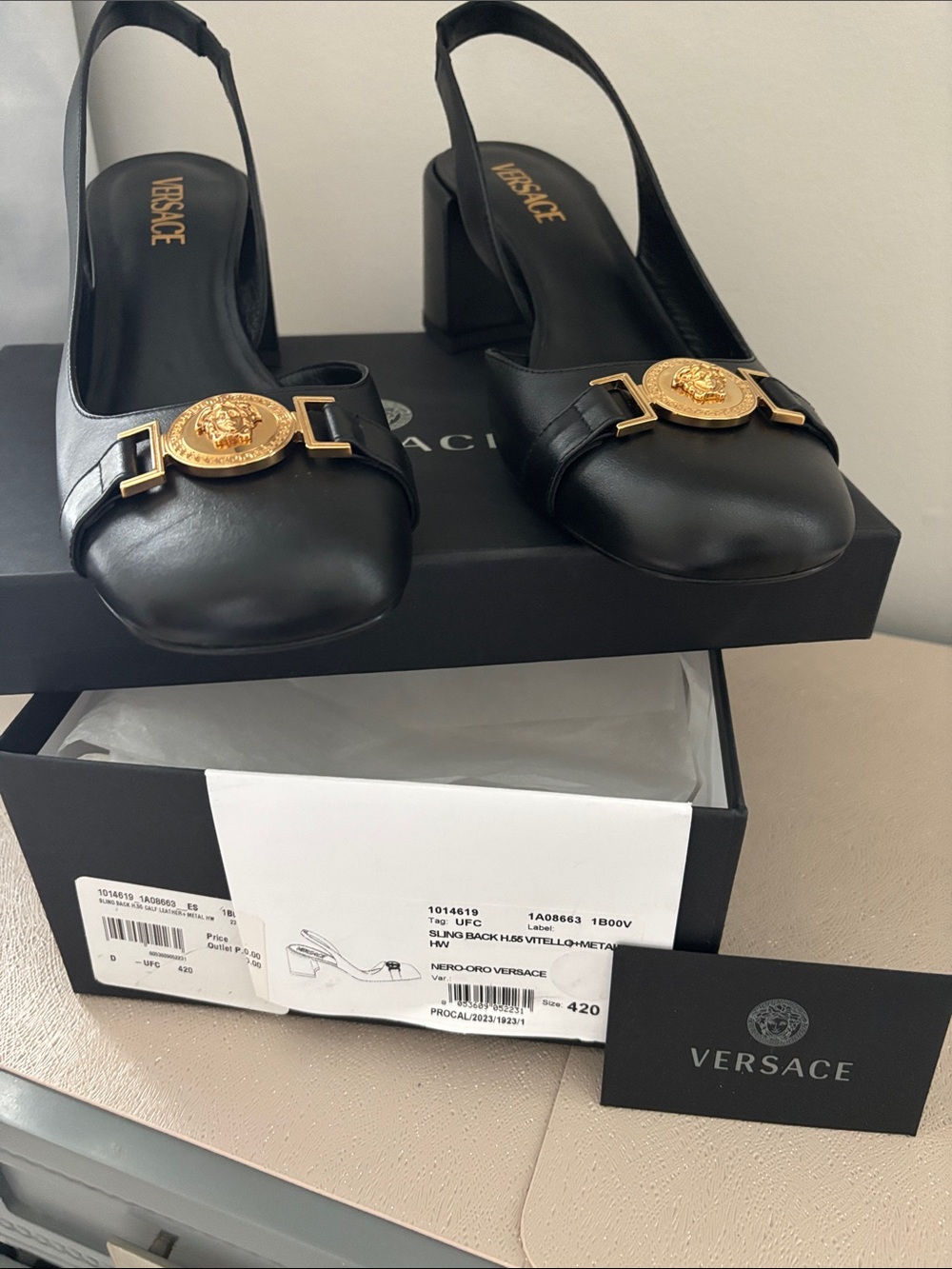 Versace Black Leather Slingback Heels with Gold Medusa Emblem